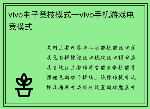 vivo电子竞技模式—vivo手机游戏电竞模式
