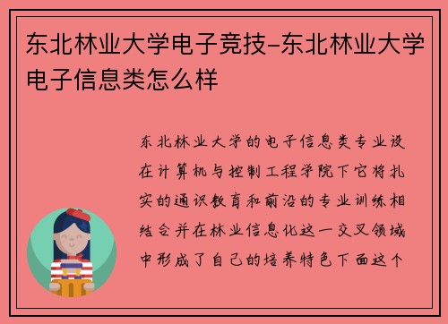 东北林业大学电子竞技-东北林业大学电子信息类怎么样